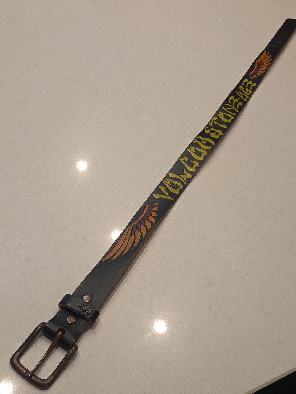 Volcom Black Leather Belt with Yellow Logo and Orange Wing Accents